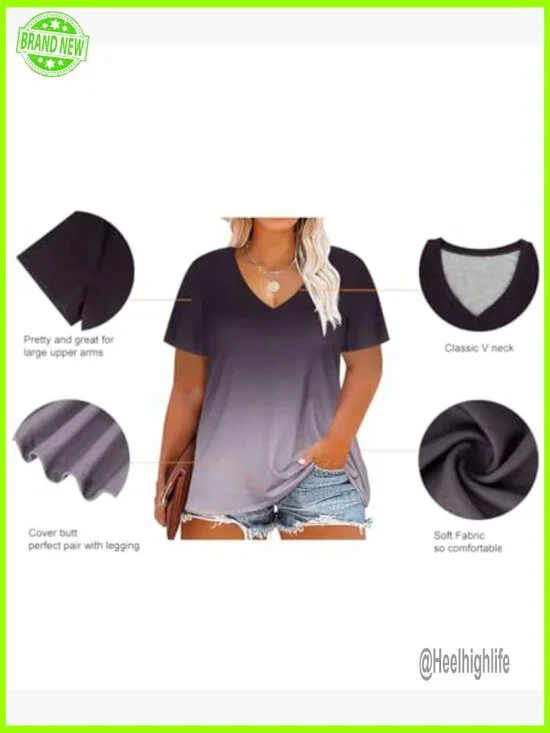 Plus Size Tunic V-Neck Short Sleeve Blouse Loose Fit Summer Top - Picture 4 of 4